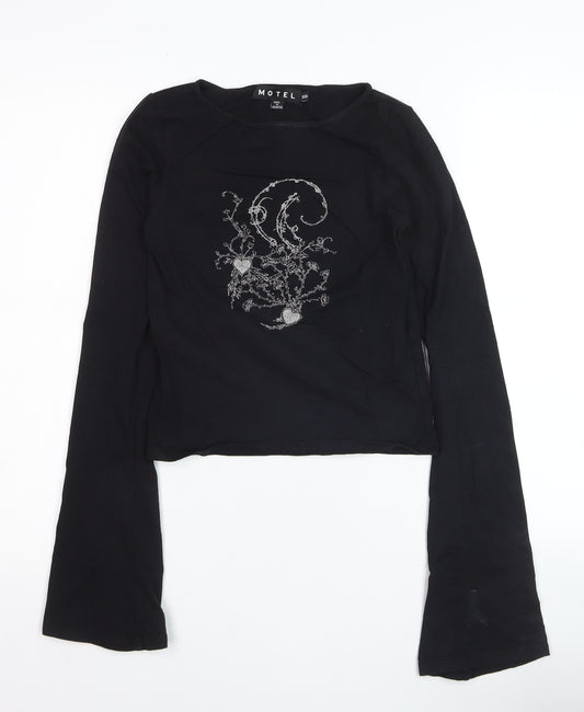 Motel Girls Black XXS Cropped Long Sleeve Graphic T-Shirt