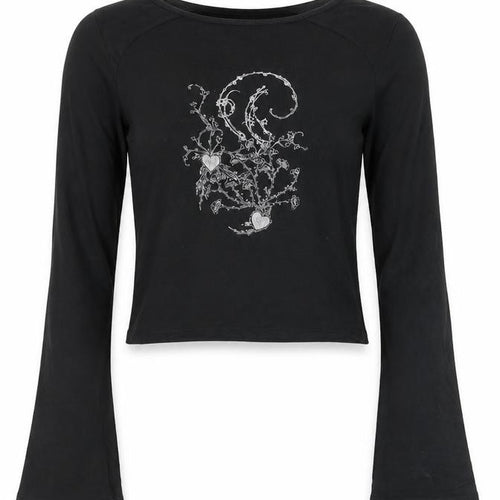 Motel Girls Black XXS Cropped Long Sleeve Graphic T-Shirt