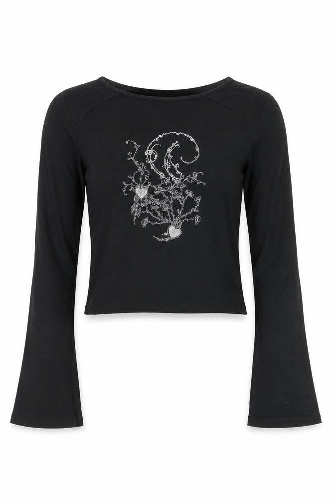 Motel Girls Black XXS Cropped Long Sleeve Graphic T-Shirt