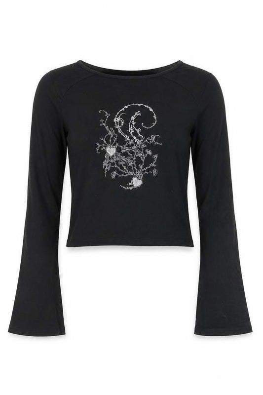 Motel Girls Black XXS Cropped Long Sleeve Graphic T-Shirt