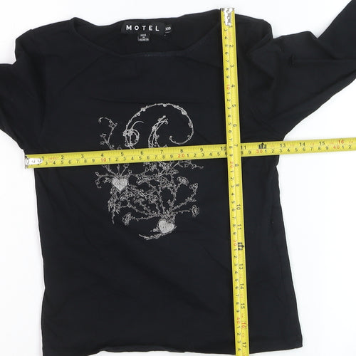 Motel Girls Black XXS Cropped Long Sleeve Graphic T-Shirt