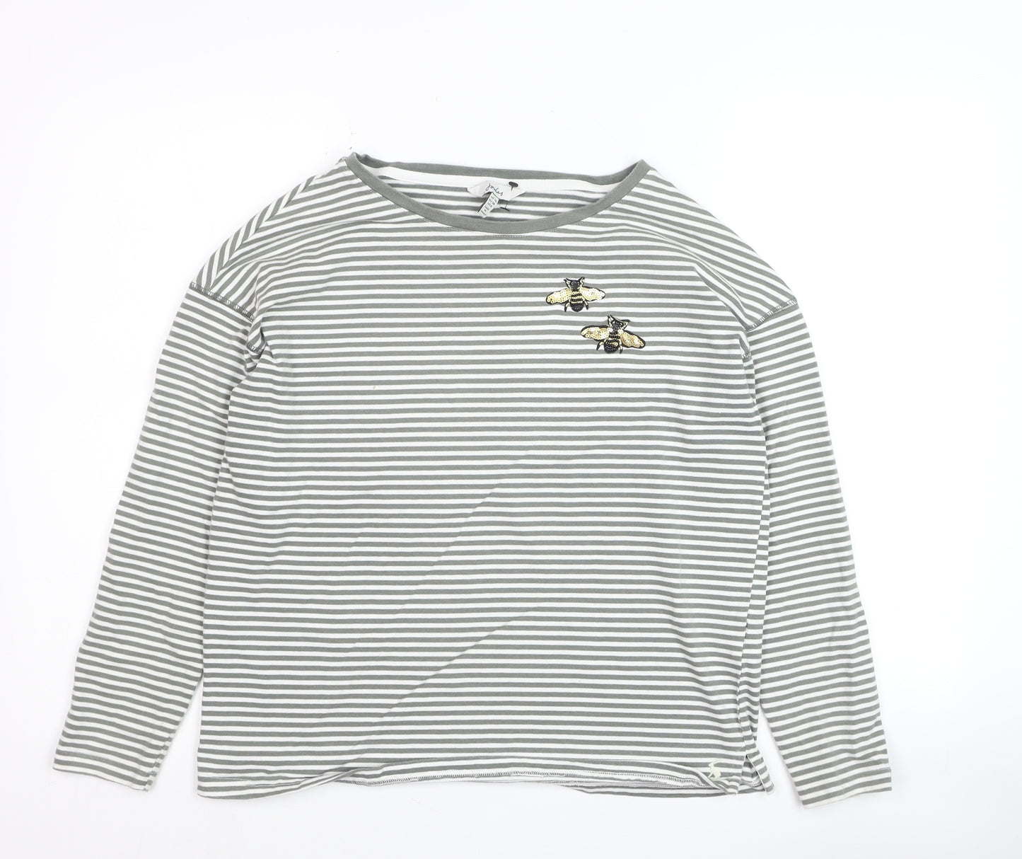 Joules Womens Grey Striped Bee Embroidered Cotton Long Sleeve T-Shirt UK 10