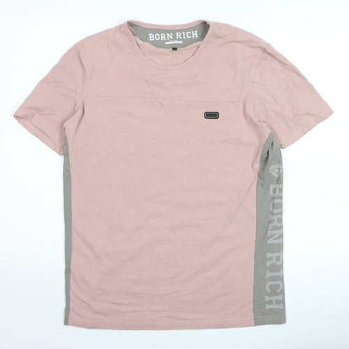 Born Rich Men's Pink Crew Neck Cotton T-Shirt Size L