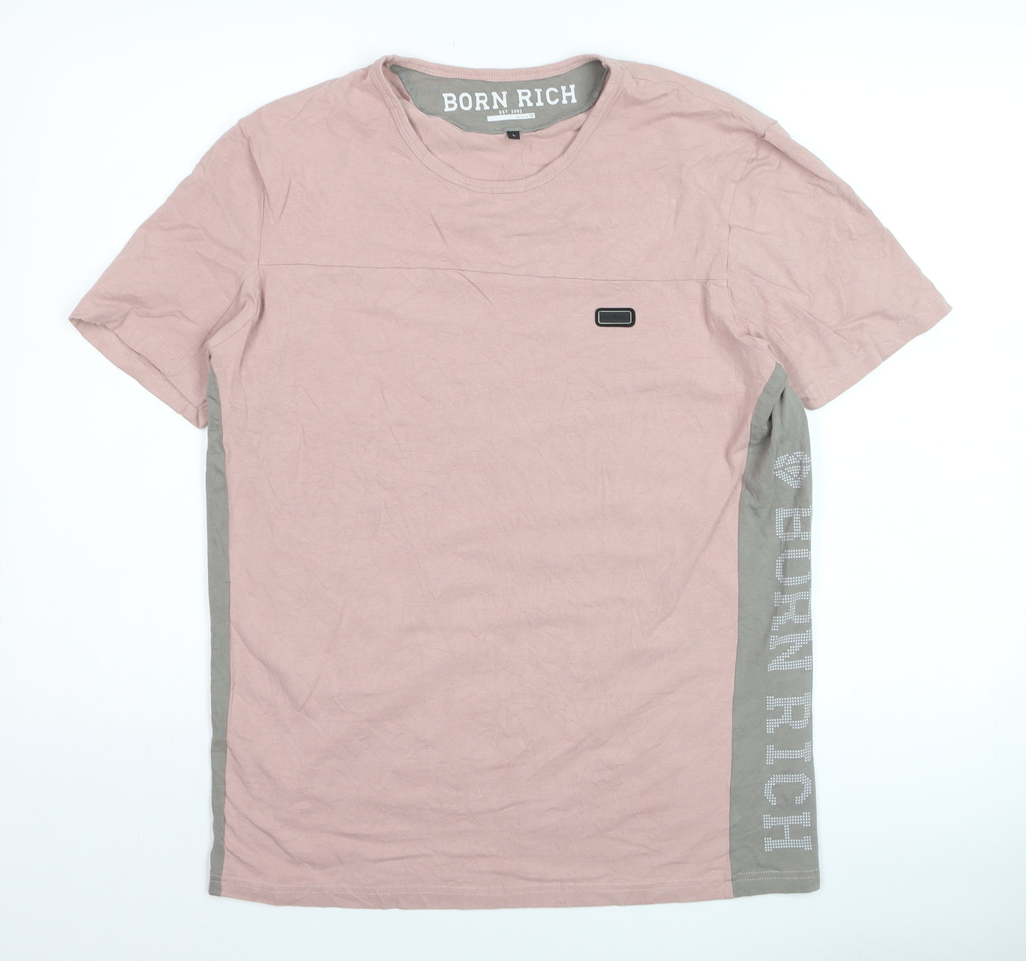 Born Rich Men's Pink Crew Neck Cotton T-Shirt Size L