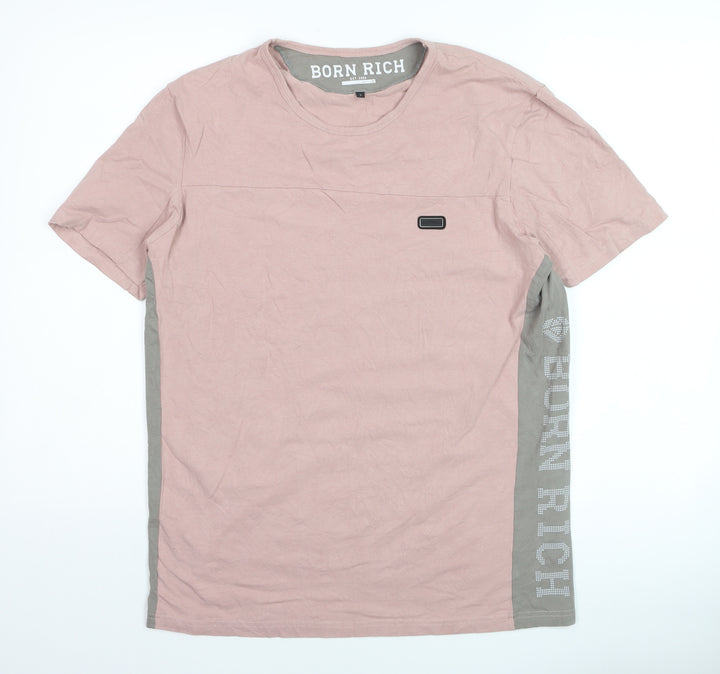 Born Rich Men's Pink Crew Neck Cotton T-Shirt Size L