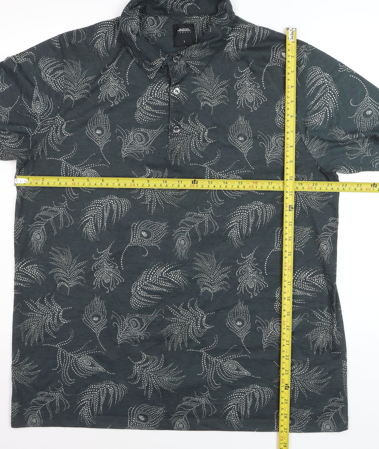 Burton Menswear London Men's Grey Floral Polo Shirt Size L