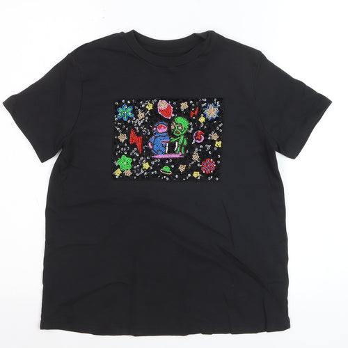 UTERQUE Girls Black Beaded Space Graphic Short Sleeve T-Shirt S