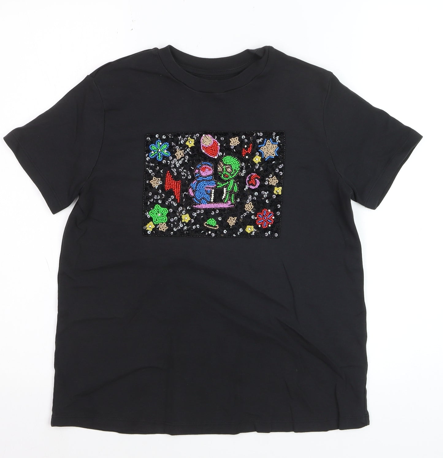 UTERQUE Girls Black Beaded Space Graphic Short Sleeve T-Shirt S