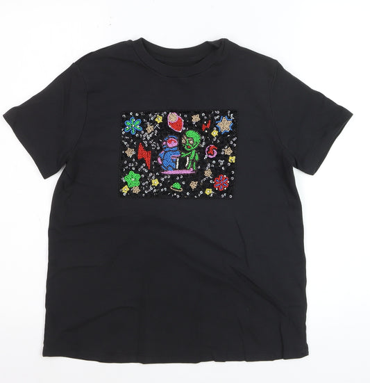 UTERQUE Girls Black Beaded Space Graphic Short Sleeve T-Shirt S