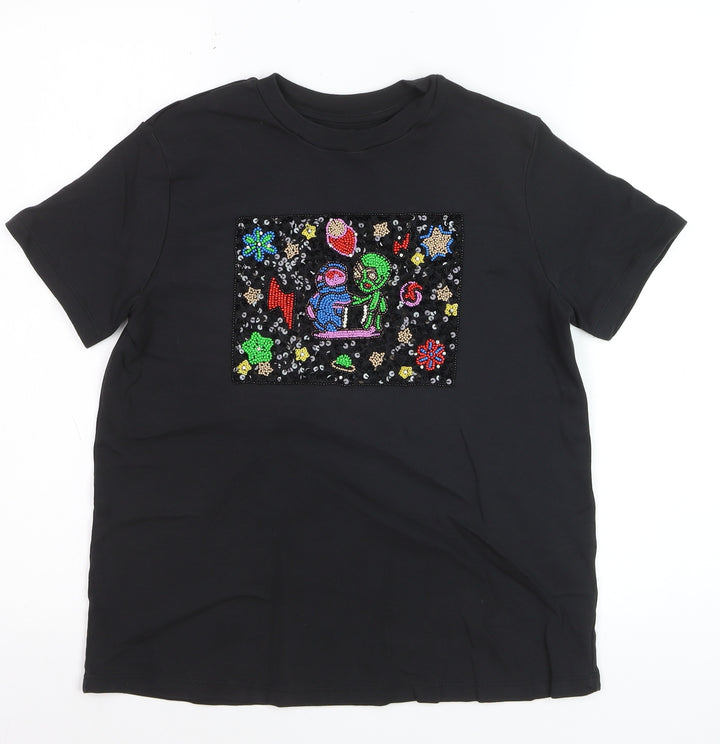 UTERQUE Girls Black Beaded Space Graphic Short Sleeve T-Shirt S