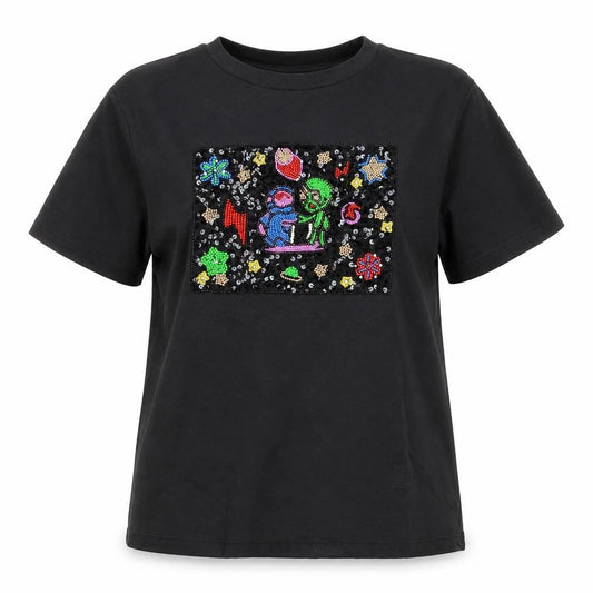 UTERQUE Girls Black Beaded Space Graphic Short Sleeve T-Shirt S