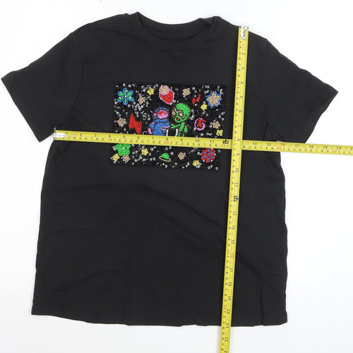 UTERQUE Girls Black Beaded Space Graphic Short Sleeve T-Shirt S