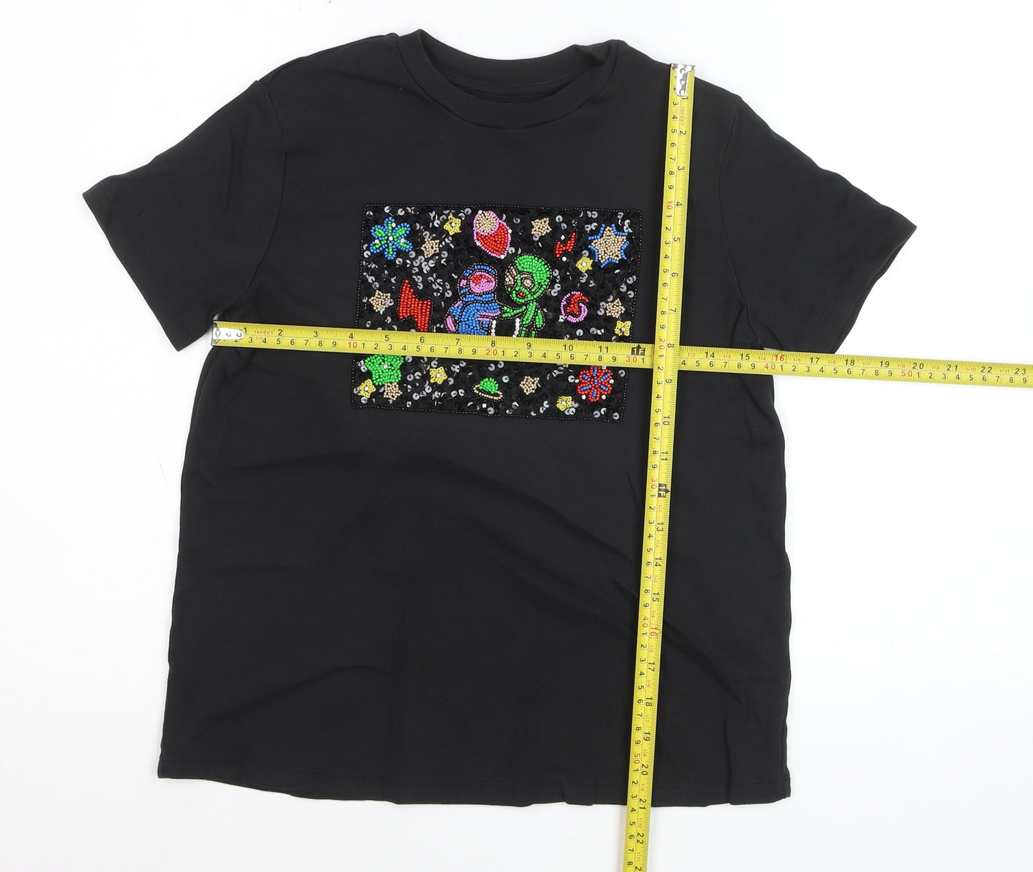 UTERQUE Girls Black Beaded Space Graphic Short Sleeve T-Shirt S