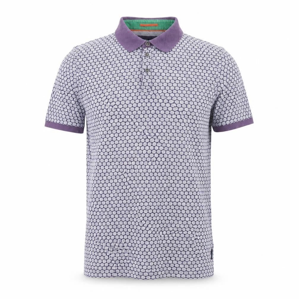 Front view of Ted Baker Men’s Purple Geometric Cotton Polo Shirt, size S