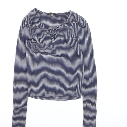 New Look Women's Blue Striped Lace Up Cropped T-Shirt Size 12