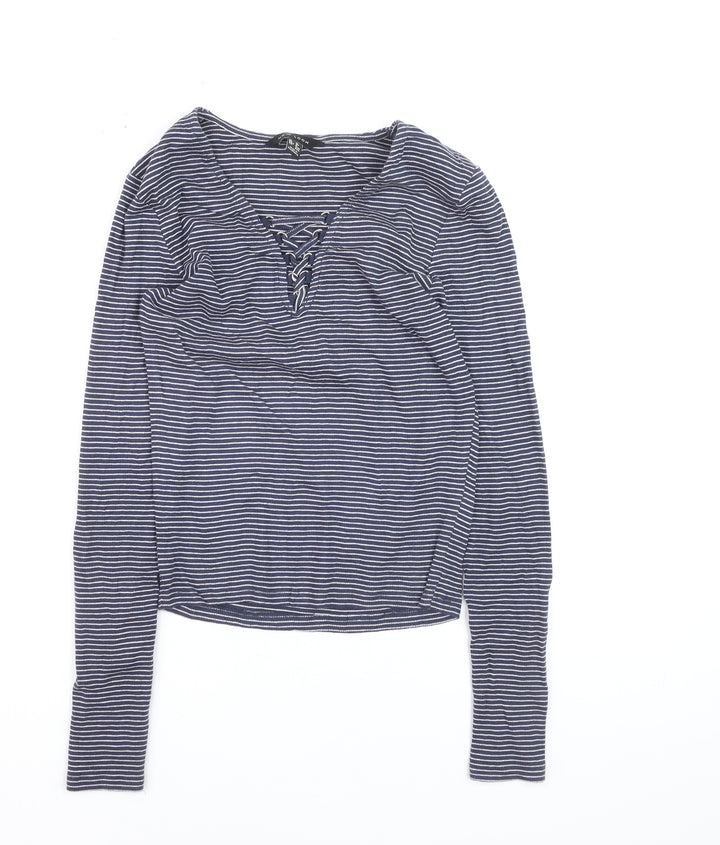 New Look Women's Blue Striped Lace Up Cropped T-Shirt Size 12