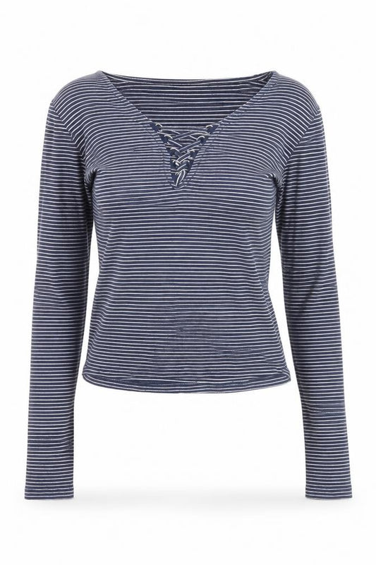 Front view of New Look Women's Blue Striped Lace Up Cropped T-Shirt, size 12