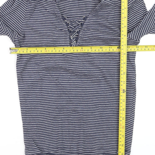 New Look Women's Blue Striped Lace Up Cropped T-Shirt Size 12