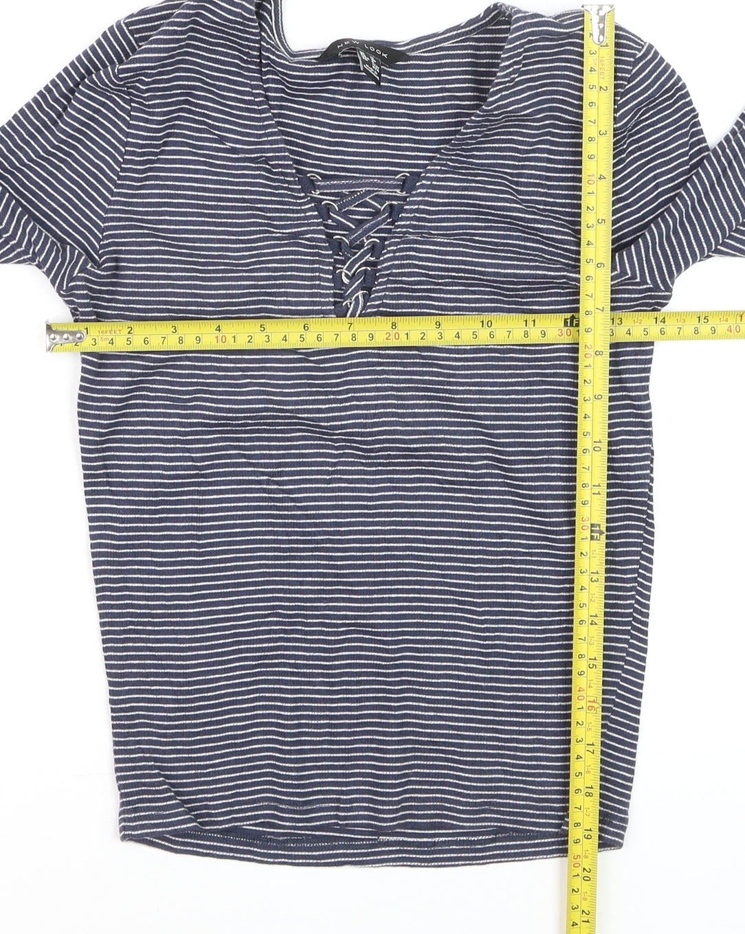 New Look Women's Blue Striped Lace Up Cropped T-Shirt Size 12