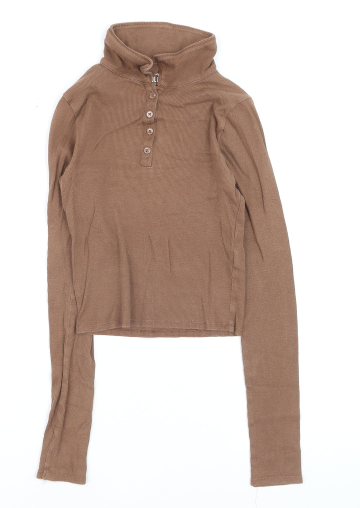 Hollister Girls Brown Long Sleeve Henley T-Shirt Size S Ribbed Cotton Blend