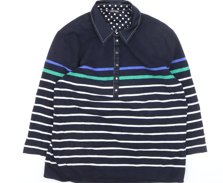 Gerry Weber Women's Blue Striped Polo Shirt Size 16 Cotton 3/4 Sleeve