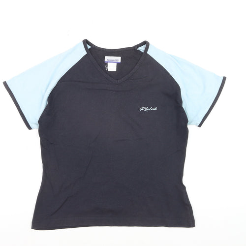 Reebok Women Black Blue V-Neck Short Sleeve Active T-Shirt M