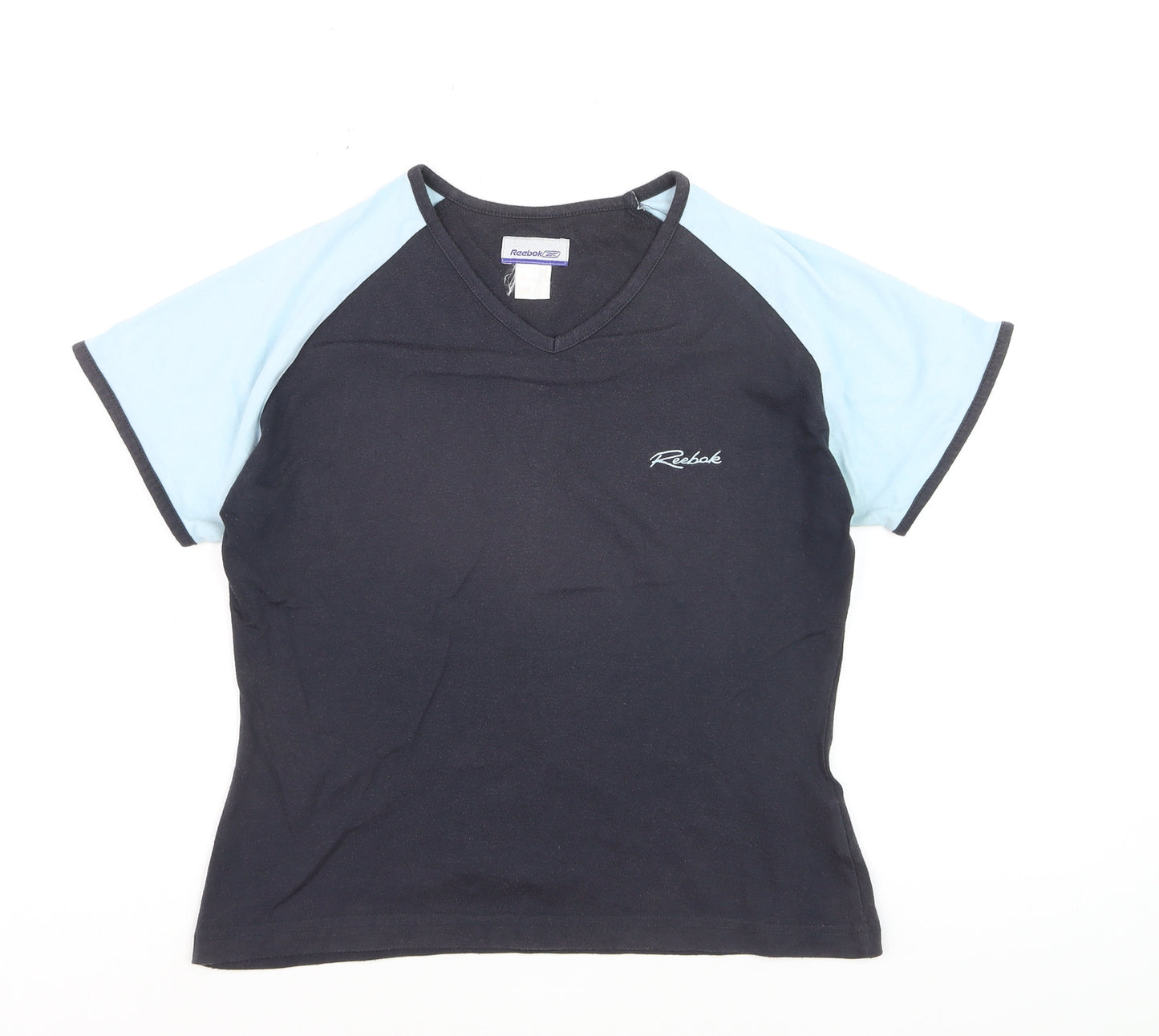 Reebok Women Black Blue V-Neck Short Sleeve Active T-Shirt M