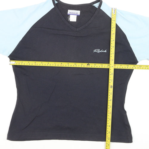 Reebok Women Black Blue V-Neck Short Sleeve Active T-Shirt M