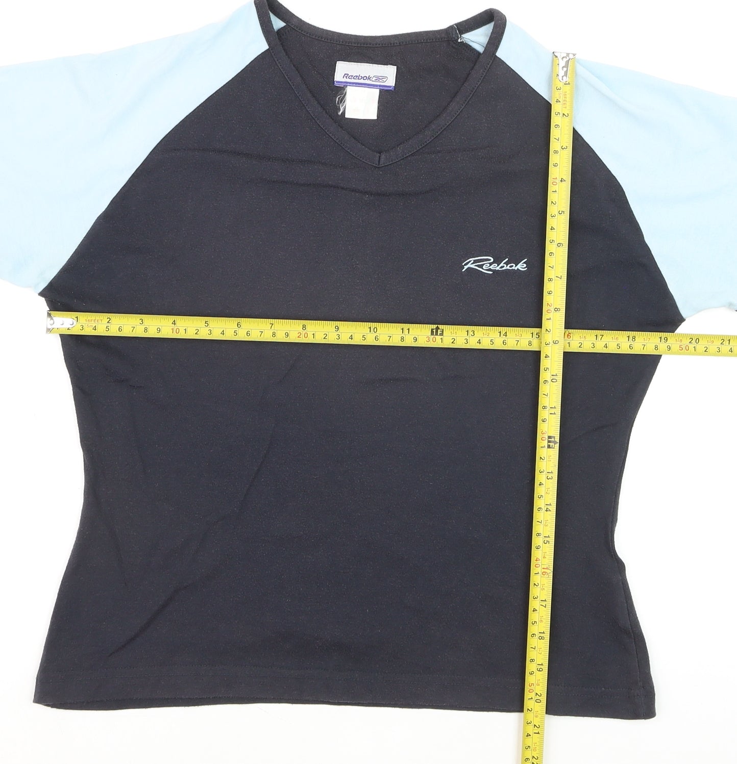 Reebok Women Black Blue V-Neck Short Sleeve Active T-Shirt M