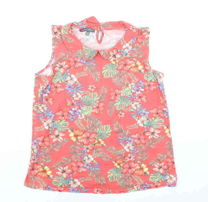 Laura Ashley Women's Red Floral Cotton Sleeveless Tunic Blouse Size 12