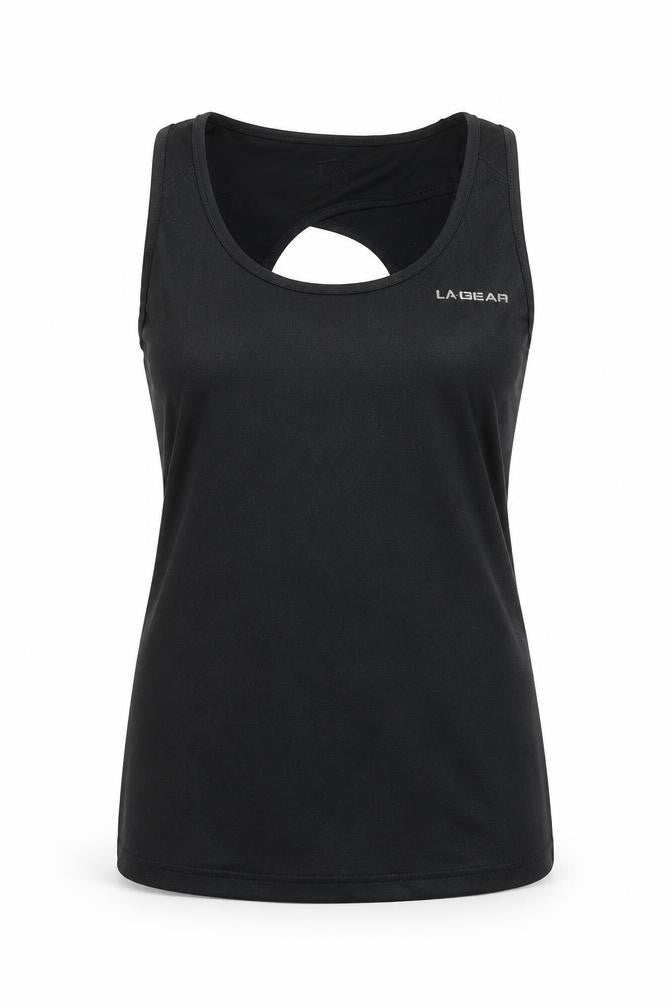 Front view of LA Gear women’s black, size UK 10, racerback tank top activewear