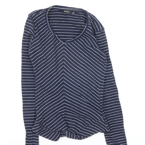 Bershka Women's Blue Striped V-Neck Long Sleeve T-Shirt M