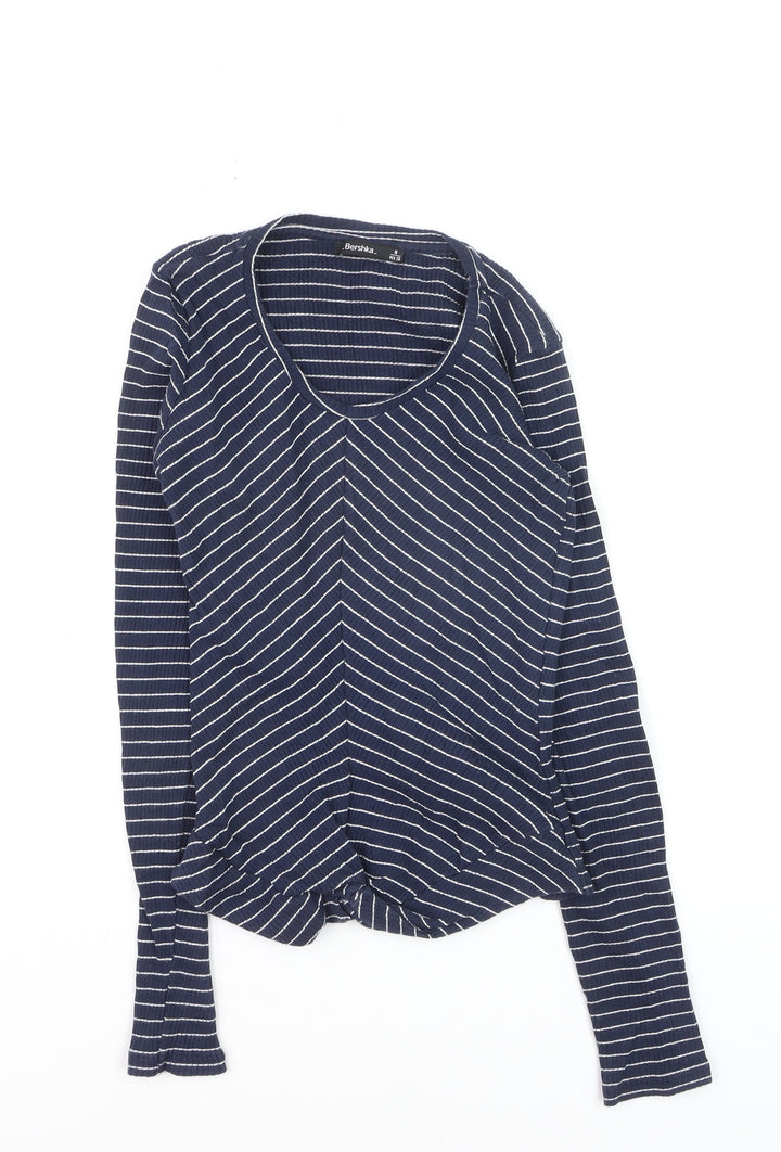 Bershka Women's Blue Striped V-Neck Long Sleeve T-Shirt M