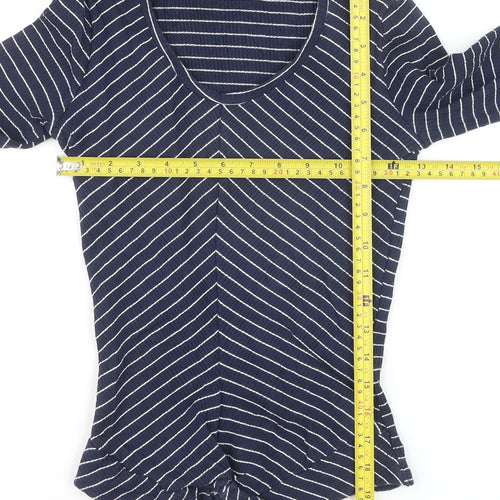 Bershka Women's Blue Striped V-Neck Long Sleeve T-Shirt M