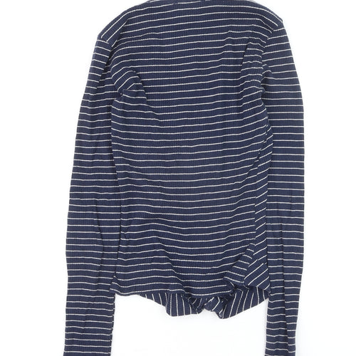 Bershka Women's Blue Striped V-Neck Long Sleeve T-Shirt M