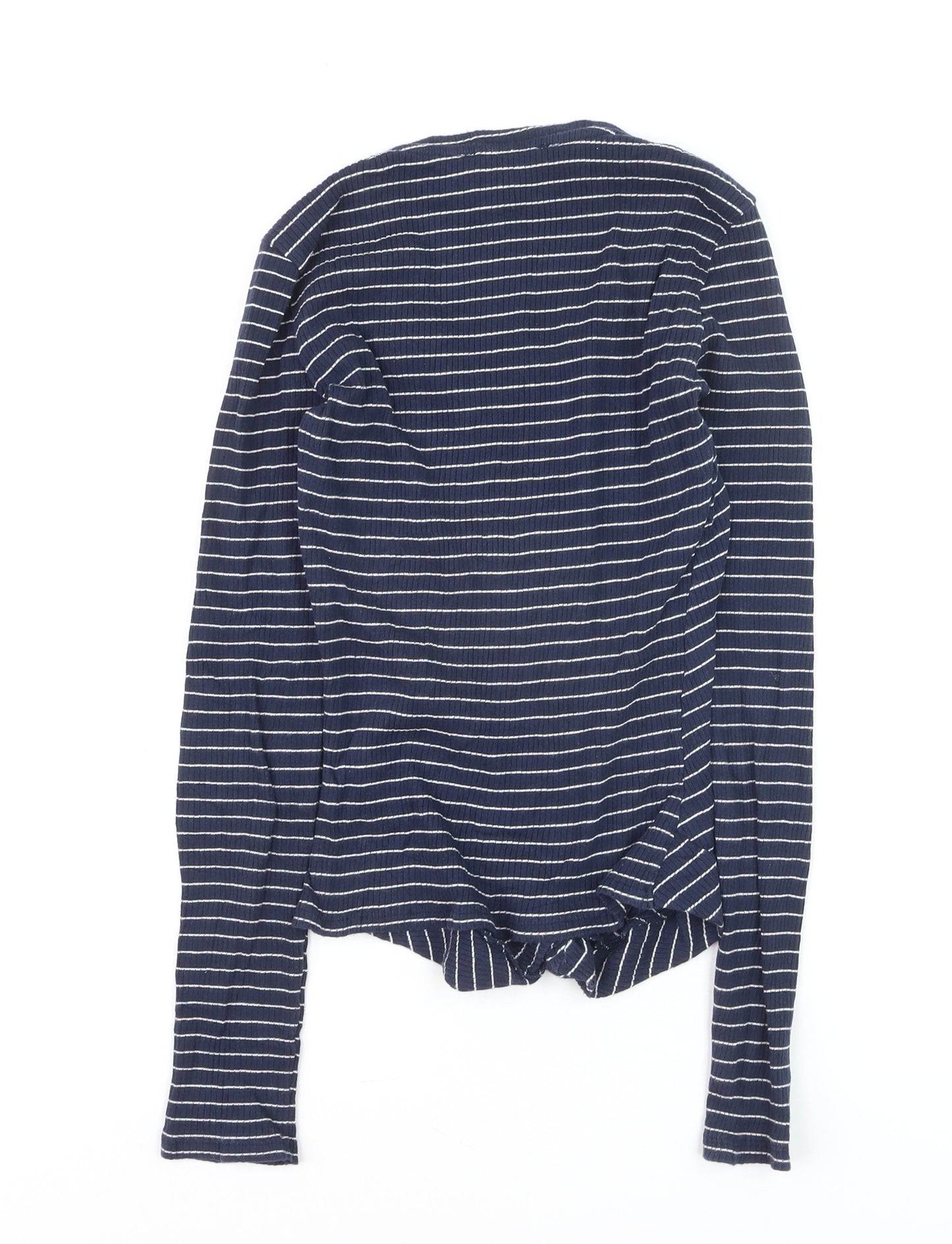 Bershka Women's Blue Striped V-Neck Long Sleeve T-Shirt M