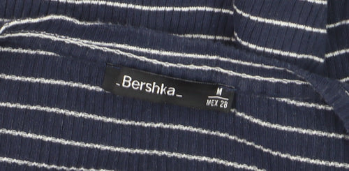 Bershka Women's Blue Striped V-Neck Long Sleeve T-Shirt M