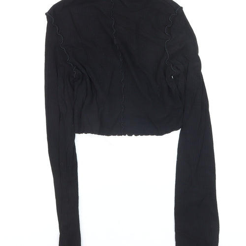 Topshop Women Black M Cropped Long Sleeve Ruffle Trim Top