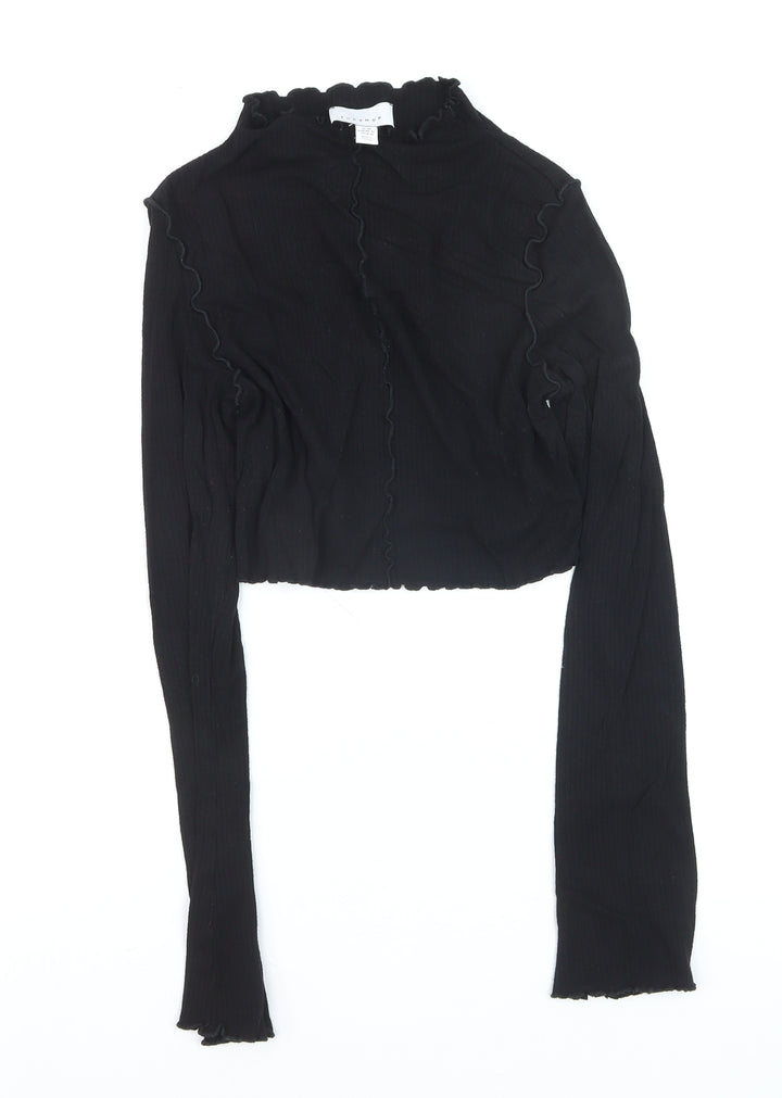 Topshop Women Black M Cropped Long Sleeve Ruffle Trim Top