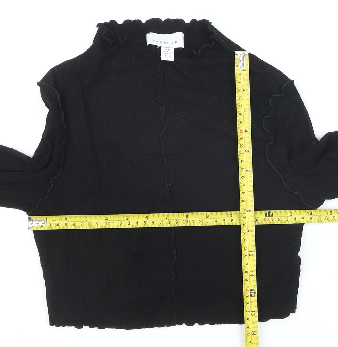 Topshop Women Black M Cropped Long Sleeve Ruffle Trim Top