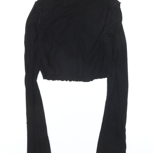Topshop Women Black M Cropped Long Sleeve Ruffle Trim Top