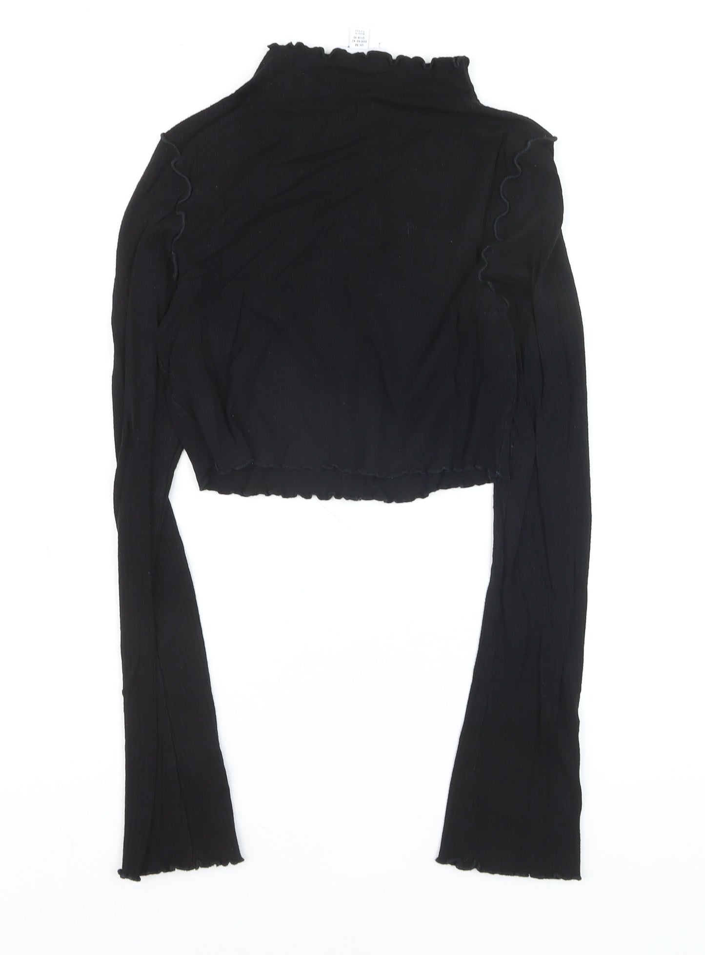 Topshop Women Black M Cropped Long Sleeve Ruffle Trim Top