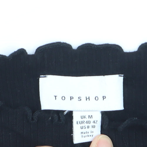 Topshop Women Black M Cropped Long Sleeve Ruffle Trim Top