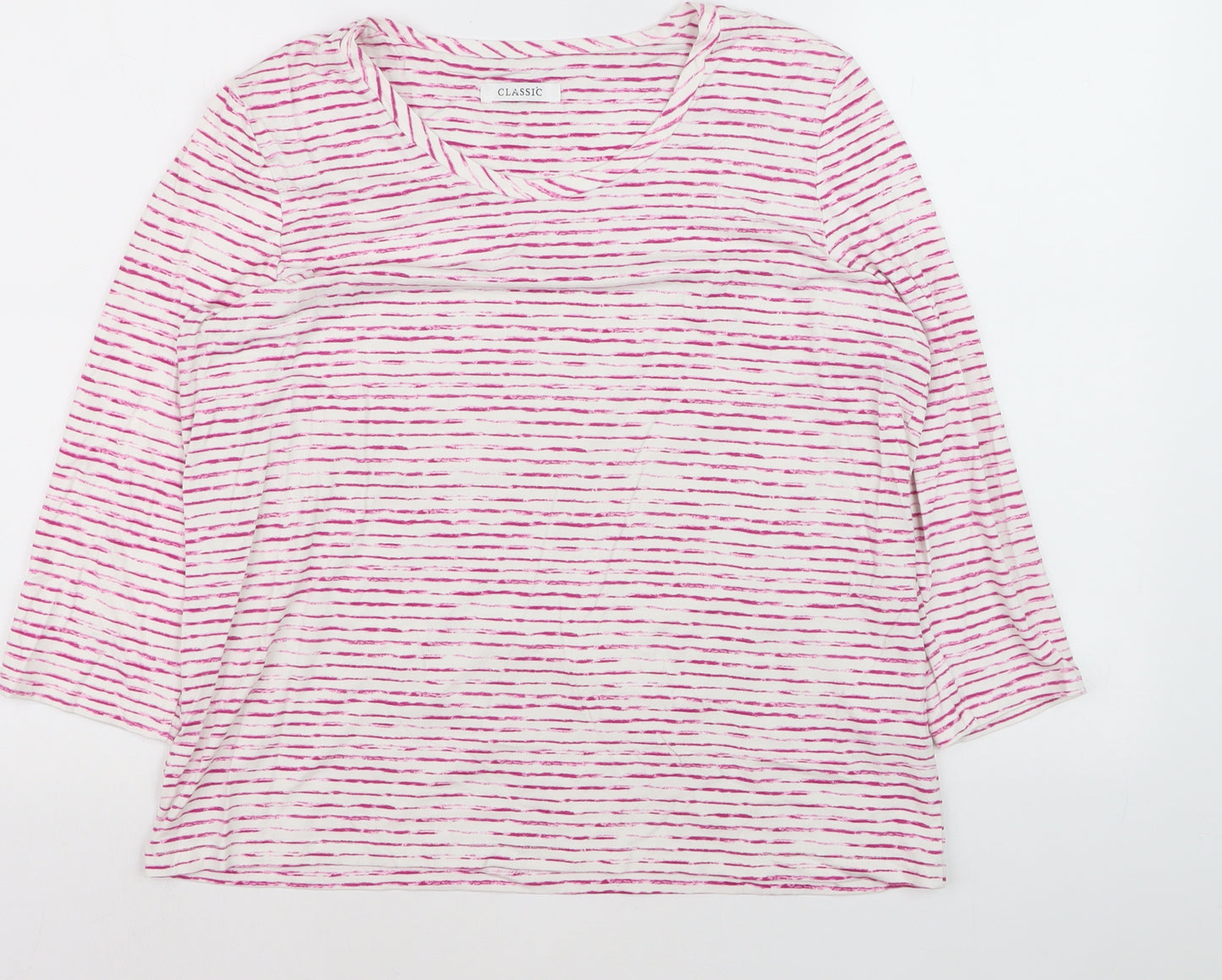 Marks and Spencer Women Pink Striped 3/4 Sleeve Basic T-Shirt Size 16