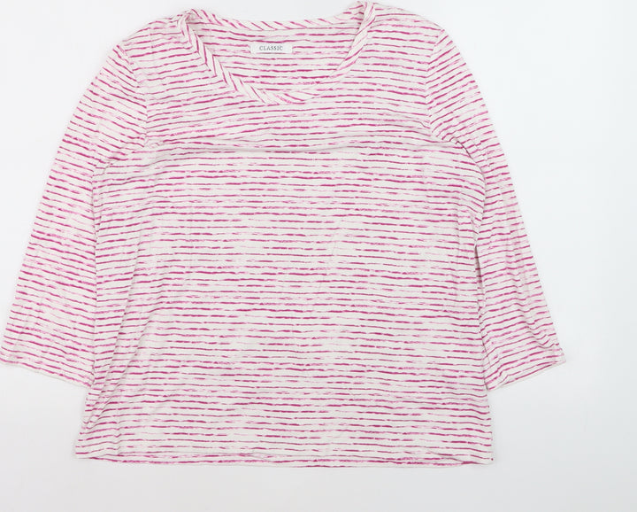 Marks and Spencer Women Pink Striped 3/4 Sleeve Basic T-Shirt Size 16