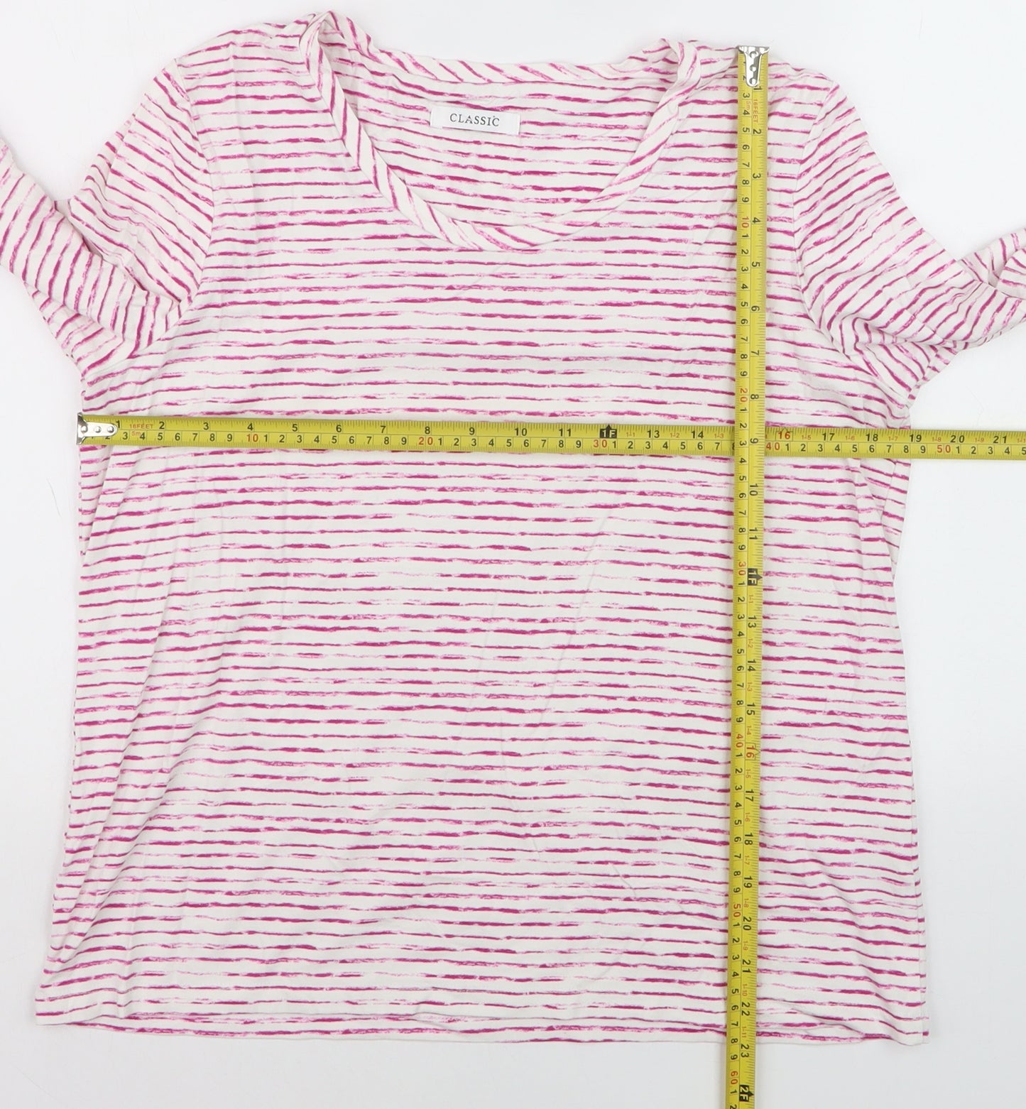 Marks and Spencer Women Pink Striped 3/4 Sleeve Basic T-Shirt Size 16