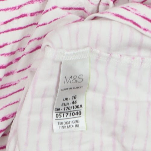 Marks and Spencer Women Pink Striped 3/4 Sleeve Basic T-Shirt Size 16
