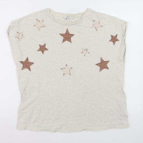Next Women Beige Star Embroidered Cotton T-Shirt Size 14