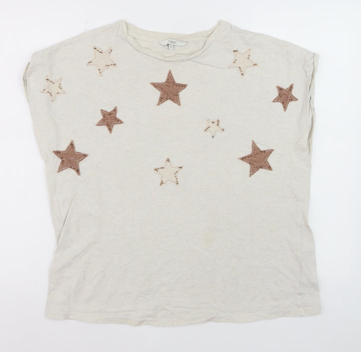 Next Women Beige Star Embroidered Cotton T-Shirt Size 14