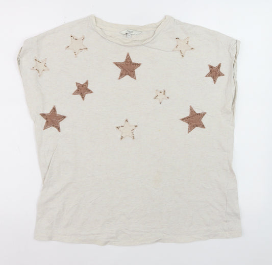 Next Women Beige Star Embroidered Cotton T-Shirt Size 14